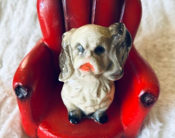 Vintage 1940's Regal Cavalier Spaniel Sitting on a Comfy Red Chair Chalkware Bookend