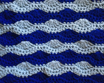 Vintage Hand Crochet Handmade Shades of Ocean Blue Scalloped Ripple Wave Afghan Blanket