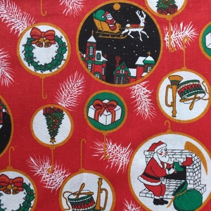 Vintage Christmas Santa Reindeer Rudolph Sleigh Chimney Tree Ornaments Cotton Fabric