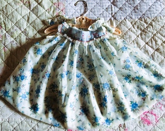 Absolutely Adorable Vintage Sheer Nylon Blue Pink Roses Lace Hand Embroidered Baby Doll Sundress Dress