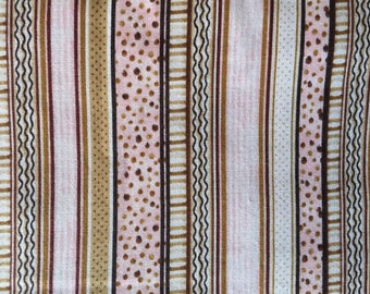Vintage Pink Brown Stripes Polka Dot Circles Lines Cotton Fabric