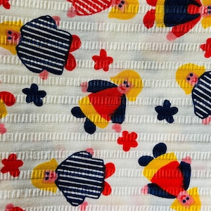 Cutest 1960’s Vintage Red Yellow Blue Blonde Girl Floral Flower Garden Cotton Seersucker Fabric