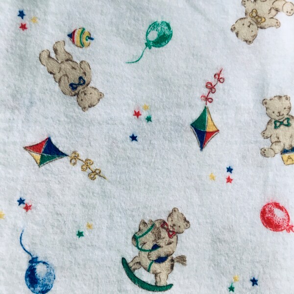 Vintage Teddy Bears Rocking Horse Kite Balloons Stars Cotton Flannel Fabric