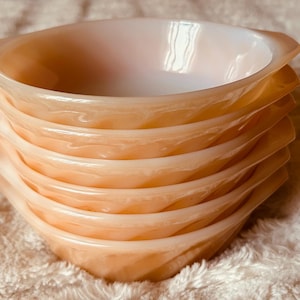 Set of 6 Vintage Fire King Anchor Hocking Peach Lustre Swirl Ovenware Bowls with Handles