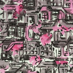 Gorgeous Vintage 1960&#39;s Pink Grey White Houses Neighborhood NYC Silk Silky Nylon Fabric