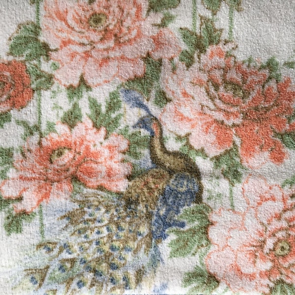 Vintage 1960's Retro Burlington Peacock Blue Green Pink Floral Flower Garden Cotton Polyester Bath Towel