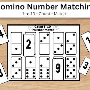 May include: A black and white educational game with the text "Domino Number Matching" and "1 to 10 - Count - Match". The game includes dominoes and number cards for matching. The numbers 1, 2, 3, 4, 8, and 9 are visible.