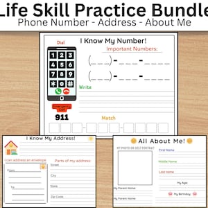 Puede incluir: Un conjunto de hojas de trabajo educativas tituladas "Life Skill Practice Bundle". Las hojas de trabajo cubren números de teléfono, direcciones e información personal. Incluye secciones para escribir, emparejar y completar espacios en blanco. Presenta un gráfico de teléfono y el texto "911".