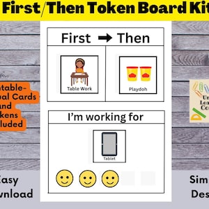 Pode incluir: Um kit de quadro de fichas First/Then branco com o texto "First/Then Token Board Kit". O quadro inclui cartões visuais, fichas e o texto "I'm working for". O quadro também tem o texto "Easy Download" e "Simple Design".