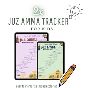 Könnte beinhalten: Zwei digitale Tablets mit einem "Juz Amma Tracker" für Kinder. Der Text enthält "Juz Amma" und "Memorisation Chart". Der Hintergrund ist weiß mit einer Glühbirnenillustration und einem Bleistift. Die Tablets haben einen rosa und grünen Hintergrund.