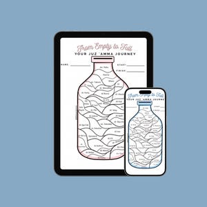 Könnte beinhalten: Digitale Illustration einer flaschenförmigen Tabelle, die auf einem Tablet und einem Smartphone angezeigt wird. Die Tabelle mit dem Titel "From Empty to Full, Your Juz 'Amma Journey" ist in Abschnitte mit arabischen Namen unterteilt. Tablet und Telefon befinden sich vor einem hellblauen Hintergrund.