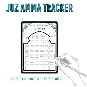 Könnte beinhalten: Ein digitaler Juz Amma Tracker auf einem Tablet, mit einer Merktabelle mit arabischem Text und englischen Transliterationen. Das Bild enthält den Text "Juz Amma Tracker" und "Einfach zu merken, einfach durch Markieren". Eine Hand hält einen Bleistift.