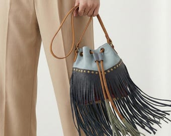 Handmade Boho Leather Fringe Bucket Bag–Festival Crossbody Purse–Western Cowgirl Bag