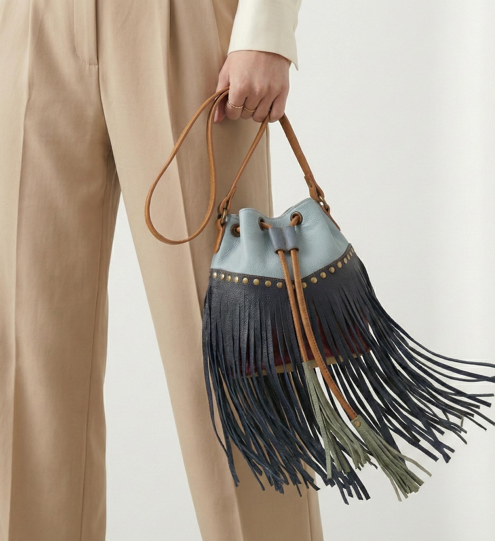 Bohemian Multicolor Bucket Bag Cowhide Bucket & Drawstring Bag Geometric Medium Bags & Handbags for  main image 4