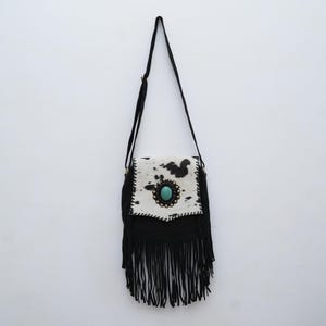 Cowhide Leather Crossbody Bag: Black Fringe & Turquoise Stone - Western Boho Purse