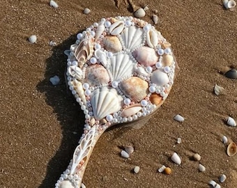 Vintage houten handspiegel met schelp – zorgvuldig geselecteerde echte schelpen, natuurlijk hout, op de oceaan geïnspireerde elegantie