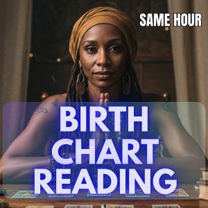 May include: An individual with dreadlocks and a head wrap is centered in the image. The text "BIRTH CHART READING" is overlaid on the image. The text "SAME HOUR" is in the upper right corner. Tarot cards are visible on the table.