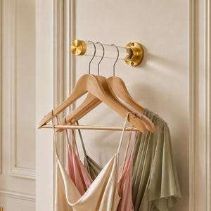 May include: A wall-mounted brass and acrylic clothing rack holds three wooden hangers with dresses in cream, pink, and green. A gold-framed mirror and a vase of flowers are in the background. The dresses are hanging on wooden hangers.