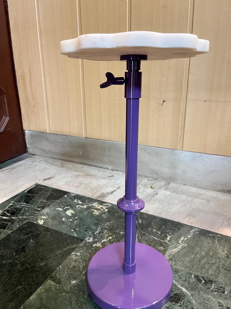 May include: A purple adjustable display stand with a round base and a cloud-shaped top. The stand has a central pole with a knob for height adjustment. The base and pole are a glossy purple, and the top is a light, off-white color.