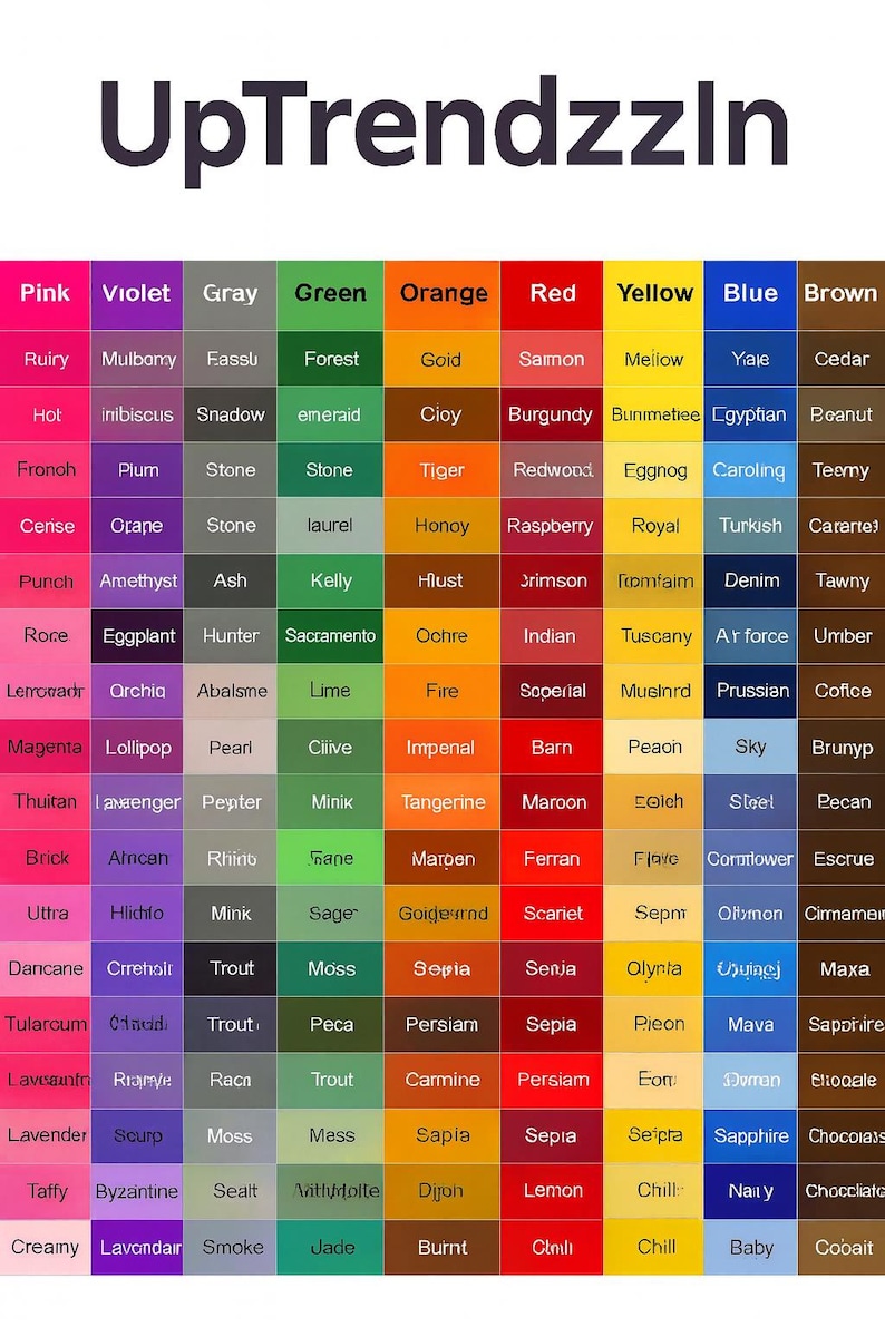 May include: A color palette chart with the text "UpTrendzzin" at the top. The chart is divided into color blocks, each labeled with a color name, such as "Pink," "Violet," and "Gray."