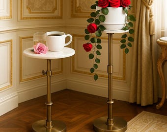 White Marble Plant Table: Adjustable Height Antique Brass Stand