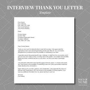 Könnte beinhalten: Eine weiße Vorlage für ein Dankesschreiben nach einem Vorstellungsgespräch. Der Text enthält Platzhalter für die Informationen des Absenders und des Empfängers sowie einen Bereich für eine persönliche Nachricht. Oben auf der Vorlage steht "INTERVIEW THANK YOU LETTER Template".