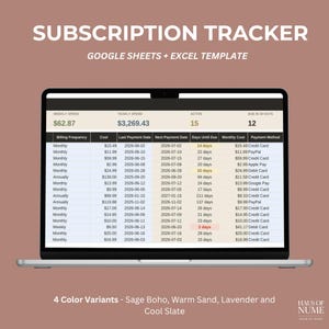 May include: A digital subscription tracker template for Google Sheets and Excel displayed on a laptop screen. The spreadsheet features columns for billing frequency, cost, payment dates, days until due, and payment methods with summary data at the top.