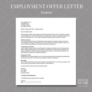 Plantilla de carta de oferta de empleo, formato editable en Word y Google Docs, documento de contratación profesional