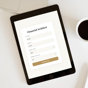 May include: A black tablet displays a financial planning form titled "Financial Architect." The form includes fields for full name, currency, savings target, and number of envelopes. A cup of coffee sits to the right. The screen shows the name "James" and a savings target of 1000.