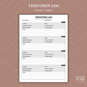 Puede incluir: Una plantilla de registro de visitas imprimible en blanco con texto y líneas en negro. El documento incluye secciones para el nombre del niño o residente, supervisor y cuatro bloques de visita distintos, cada uno con campos para ubicación, fecha, horas de inicio y fin, y notas.