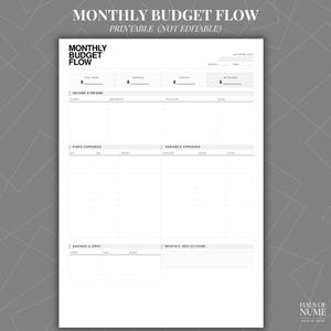 May include: A printable monthly budget flow template with sections for income, expenses, and savings. The document includes the text "Monthly Budget Flow" and "Printable (Not Editable)" in a minimalist design.