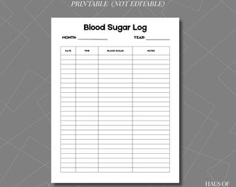 Registro imprimible de glucosa en sangre, hoja de seguimiento diario de glucosa, PDF tamaño A4.