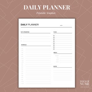 May include: A white daily planner printable template with black text. The layout includes sections for date, top 3 priorities, a to-do list with checkboxes, a schedule from 6 AM to 11 PM, a meals section for breakfast, lunch, dinner, and snacks, and notes.