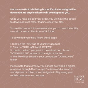 May include: A digital file download information sheet on a light brown background with geometric shapes. The text provides instructions on how to download files from Etsy, including steps for locating and downloading the file.