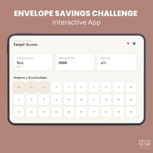 May include: A digital interface for an envelope savings challenge, displaying a target of $1,000, with $112 accumulated and an 11% completion rate. The app shows progress of 3 of 30 envelopes. Text reads "Envelope Savings Challenge" and "Interactive App."