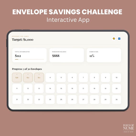Envelope Savings Challenge App, Interactive Budget Tracker HTML File