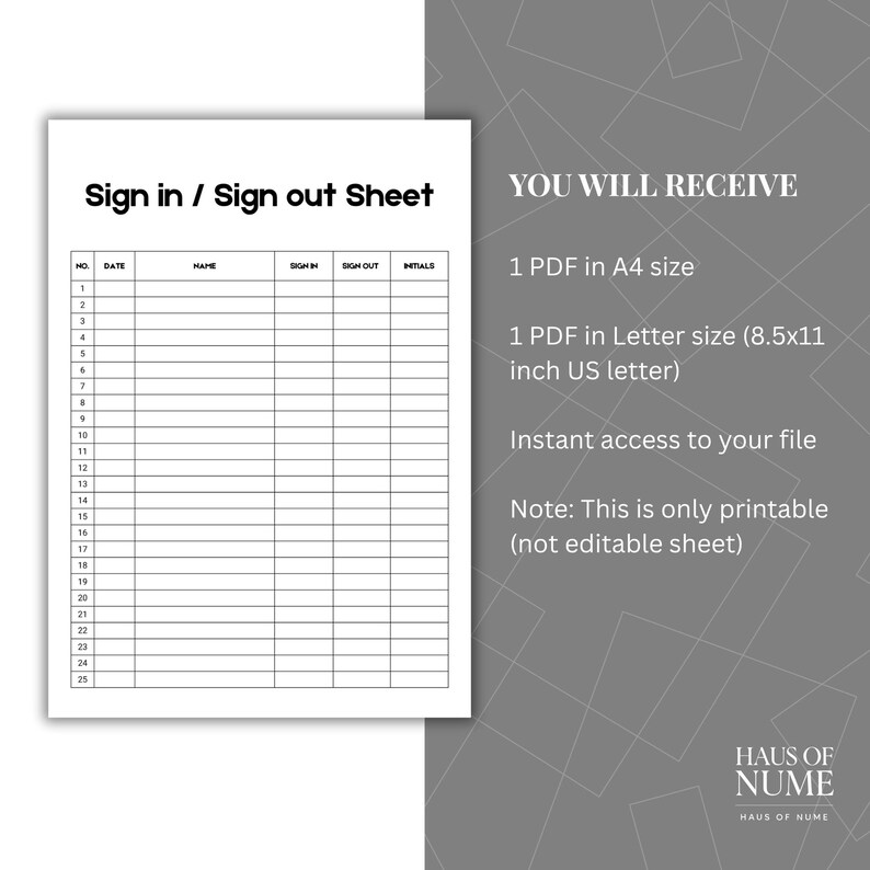 Printable Sign In/out Sheet: Attendance Log Template (A4 & US Letter ...