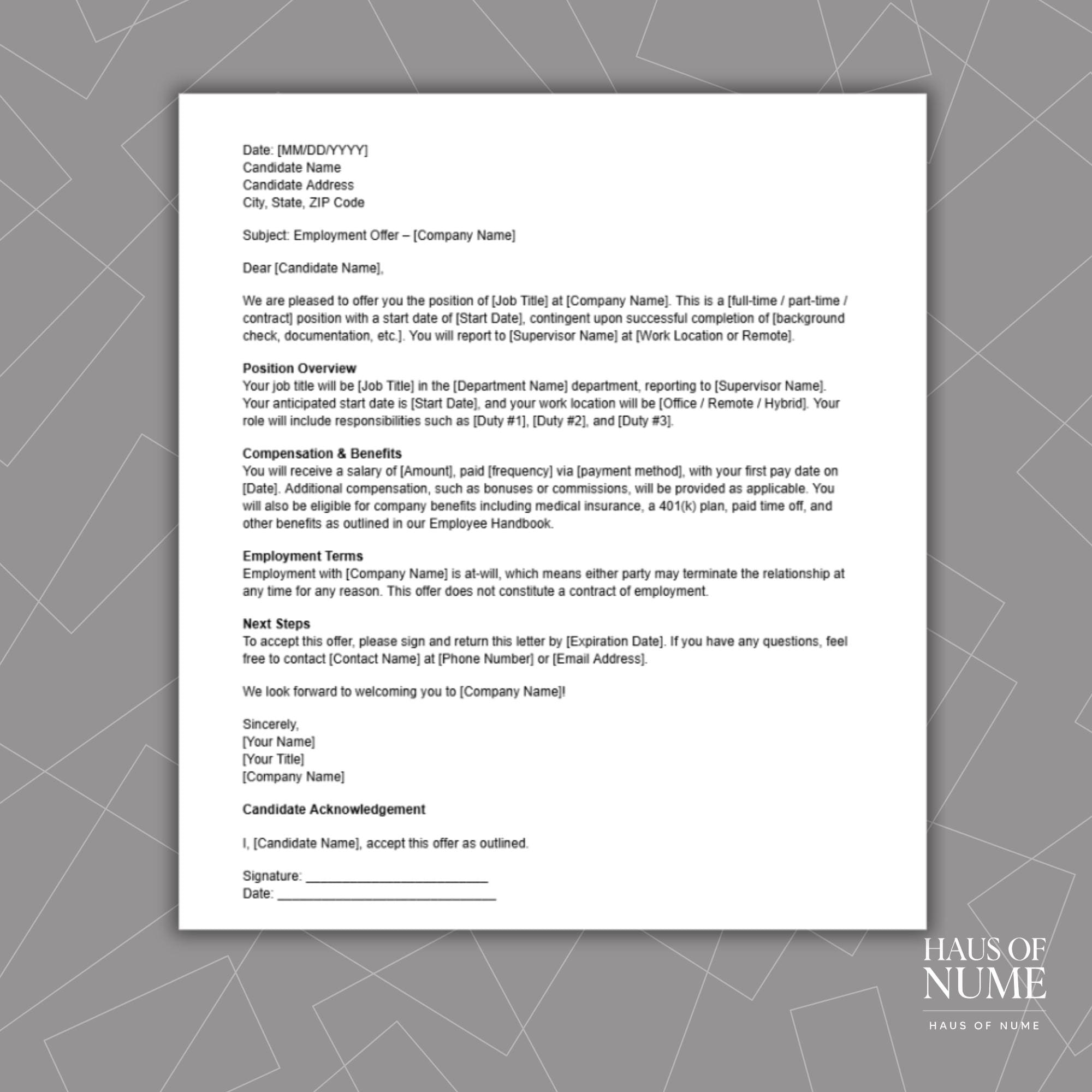 Editable Employment Offer Letter Template: Word & Google Docs - Etsy