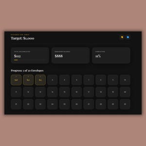 May include: A digital financial tracker with a dark theme. The screen displays a savings goal of $1,000, with $112 accumulated and $888 remaining. Progress is at 11% with 3 of 30 envelopes completed.