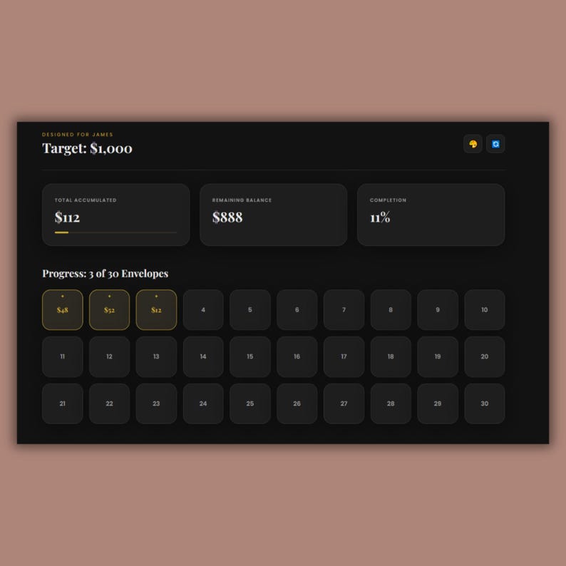 May include: A digital financial tracker with a dark theme. The screen displays a savings goal of $1,000, with $112 accumulated and $888 remaining. Progress is at 11% with 3 of 30 envelopes completed.