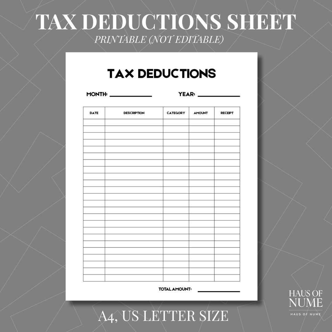 Printable Tax Deduction Sheet: Small Business & Personal Finance (A4/US ...