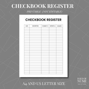 Puede incluir: Un registro de chequera imprimible blanco con el título "CHECKBOOK REGISTER" en la parte superior. El registro incluye columnas para la fecha, la descripción, el pago, el depósito y el saldo. El texto "PRINTABLE (NOT EDITABLE)" también es visible.