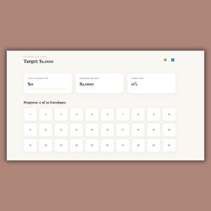 May include: A digital savings tracker with a beige background. The tracker displays a target of $1,000, with $0 accumulated and $1,000 remaining. It shows 0% completion and a progress bar with 30 numbered envelopes.