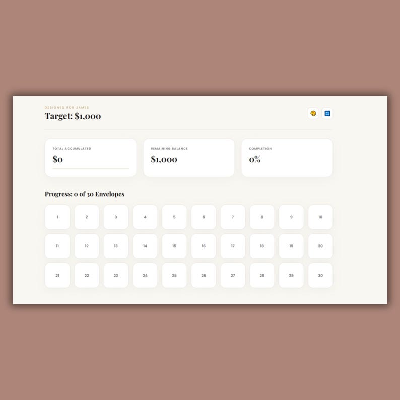 May include: A digital savings tracker with a beige background. The tracker displays a target of $1,000, with $0 accumulated and $1,000 remaining. It shows 0% completion and a progress bar with 30 numbered envelopes.