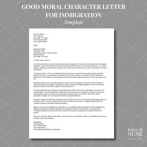 以下が含まれることがあります： 入国管理局向けの善良な性格の手紙のテンプレート。書類は白で、黒い文字で書かれており、申請者と参照者の情報が記載されています。タイトルは上部にあり、Haus of Numeのロゴは右下にあります。