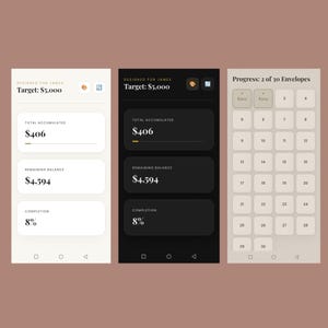 May include: Three mobile phone screens displaying a financial app interface. The app shows a target of $5,000, total accumulated of $406, remaining balance of $4,594, and 8% completion. The third screen shows a number pad.