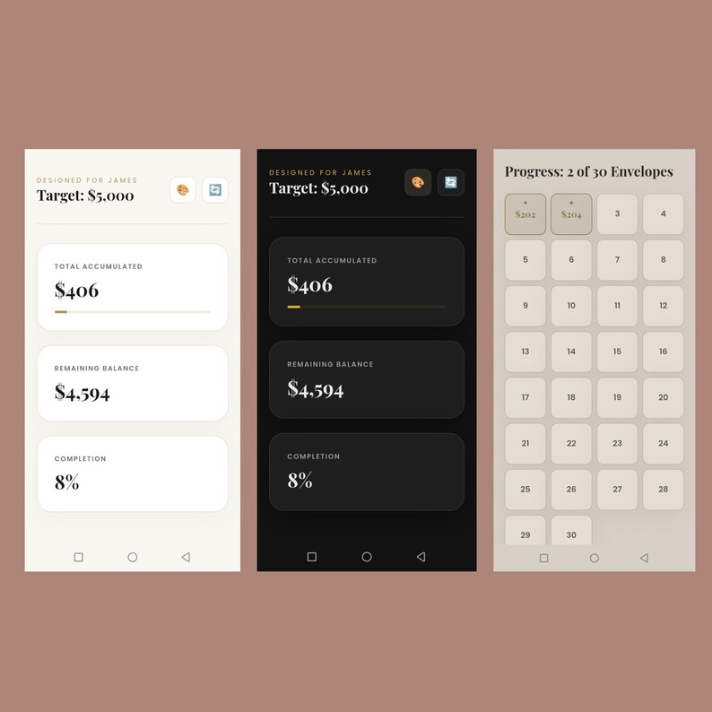 May include: Three mobile phone screens displaying a financial app interface. The app shows a target of $5,000, total accumulated of $406, remaining balance of $4,594, and 8% completion. The third screen shows a number pad.