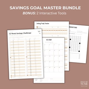 May include: A bundle of financial planning printables. The bundle includes a 52-week savings challenge, a sinking funds tracker, a no-spend calendar, and an emergency fund tracker. The text "SAVINGS GOAL MASTER BUNDLE" is at the top.
