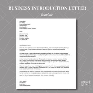 Op de afbeelding: Een sjabloon voor een zakelijke introductiebrief met de titel "BUSINESS INTRODUCTION LETTER" bovenaan. Het document bevat tijdelijke aanduidingen voor de informatie van de afzender en de ontvanger, samen met een gedetailleerde boodschap. Het logo "HAUS OF NUME" staat rechtsonder.
