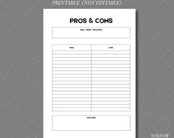 Printable Pros and Cons List, Decision Making Worksheet, A4 Letter PDF